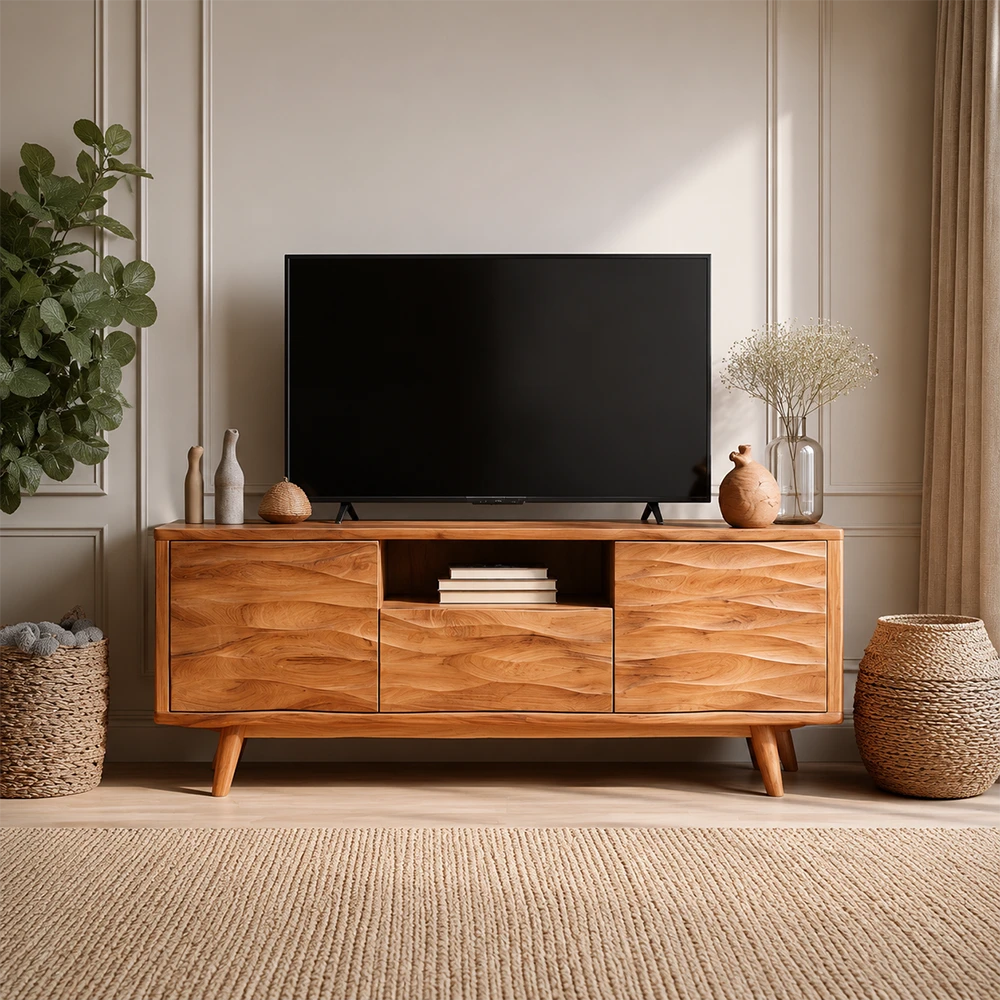 Wooden TV stand with a television in a living room setting.