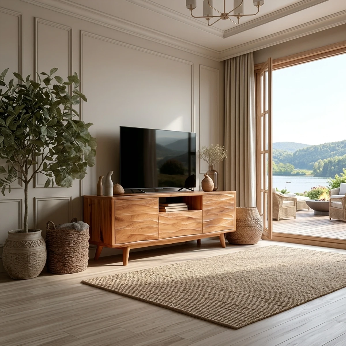 Modern TV stand with natural wood finish and storage cabinets in a bright living room