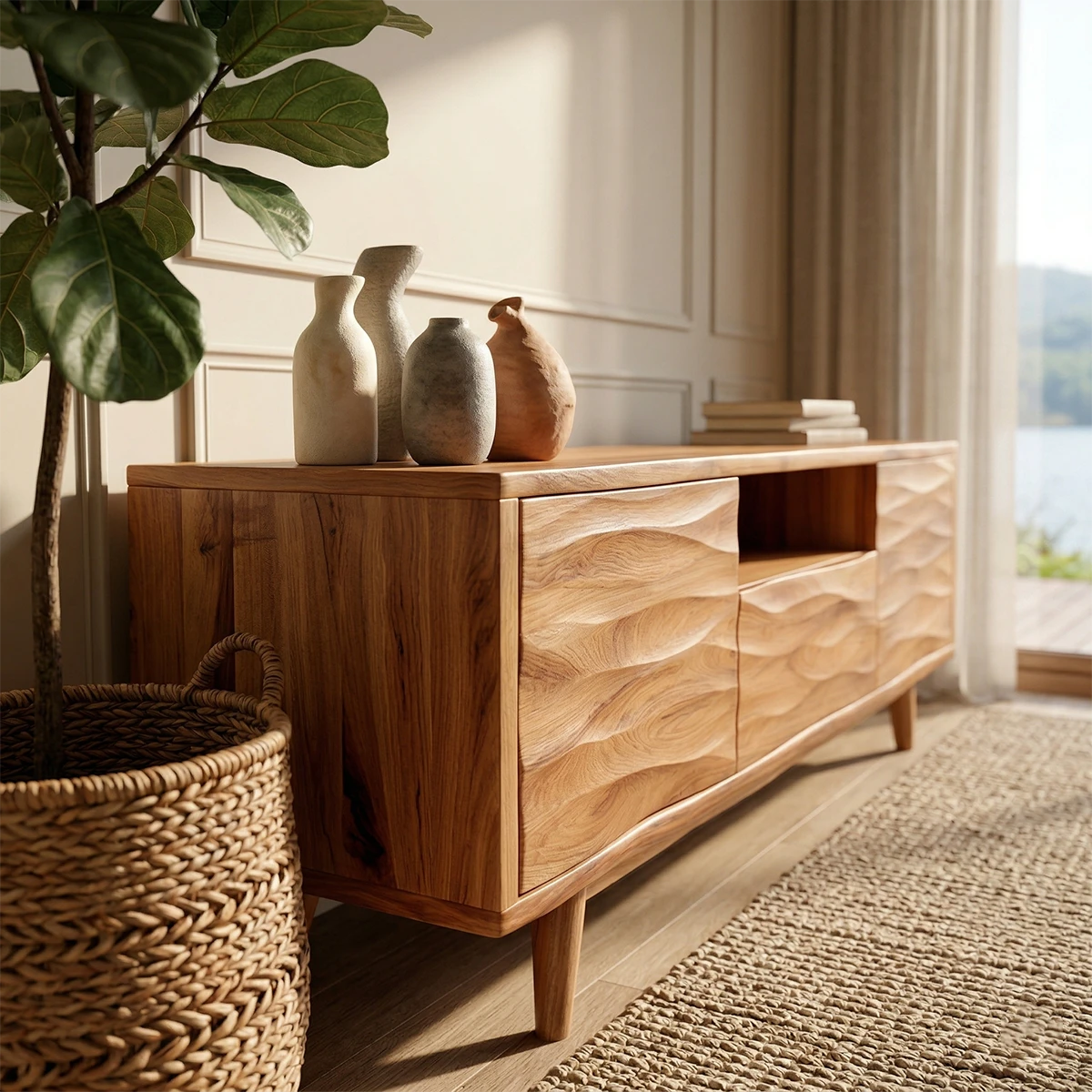 Minimalist TV stand with cabinet storage and natural wood look in cozy living space