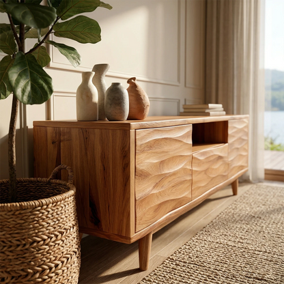Minimalist TV stand with cabinet storage and natural wood look in cozy living space