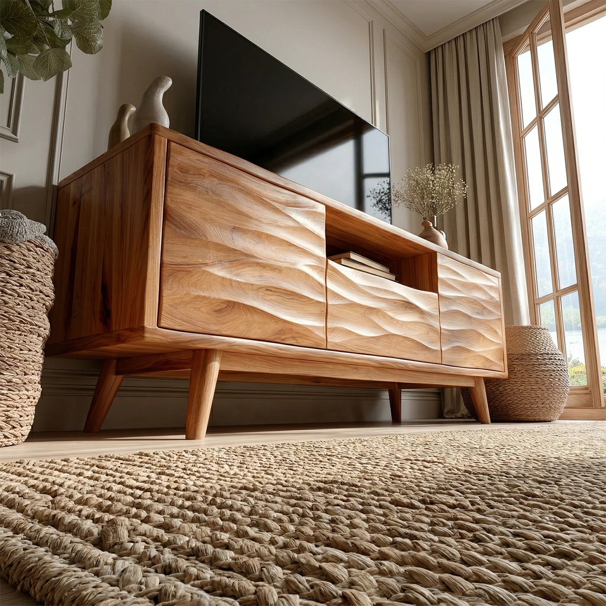 Wooden look TV stand with sleek design and storage compartments for modern home setup