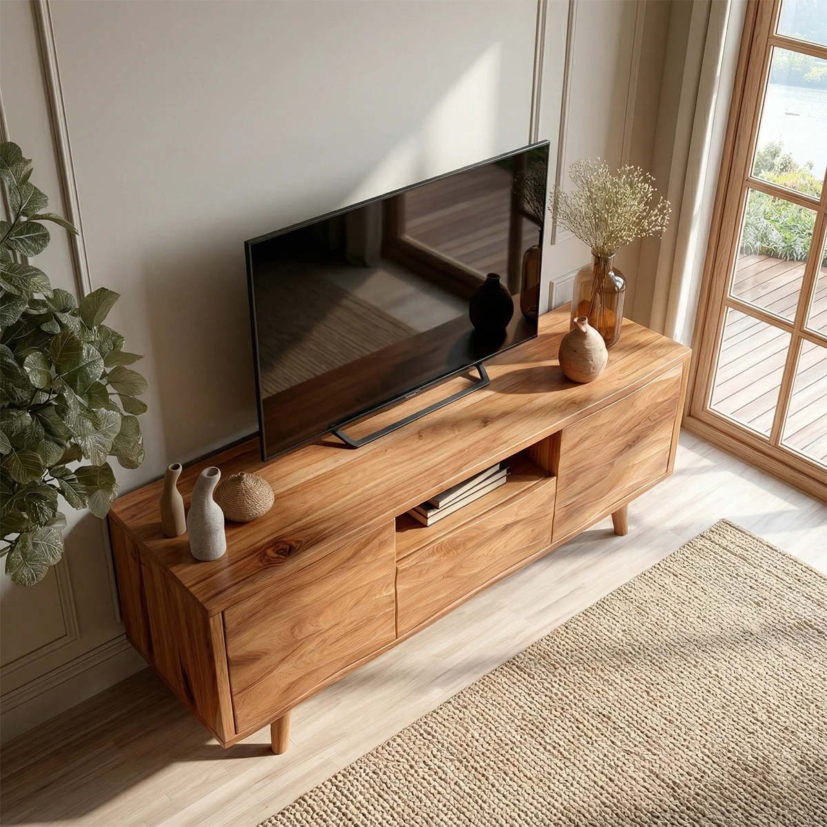 Media console table with natural wood style and functional storage for living room décor