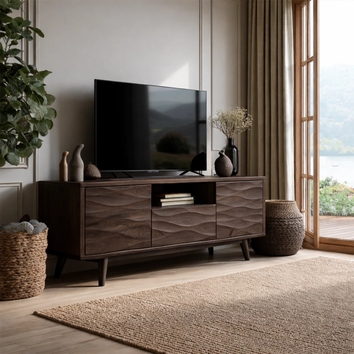 Low profile TV stand with clean design and natural wood finish for modern interiors