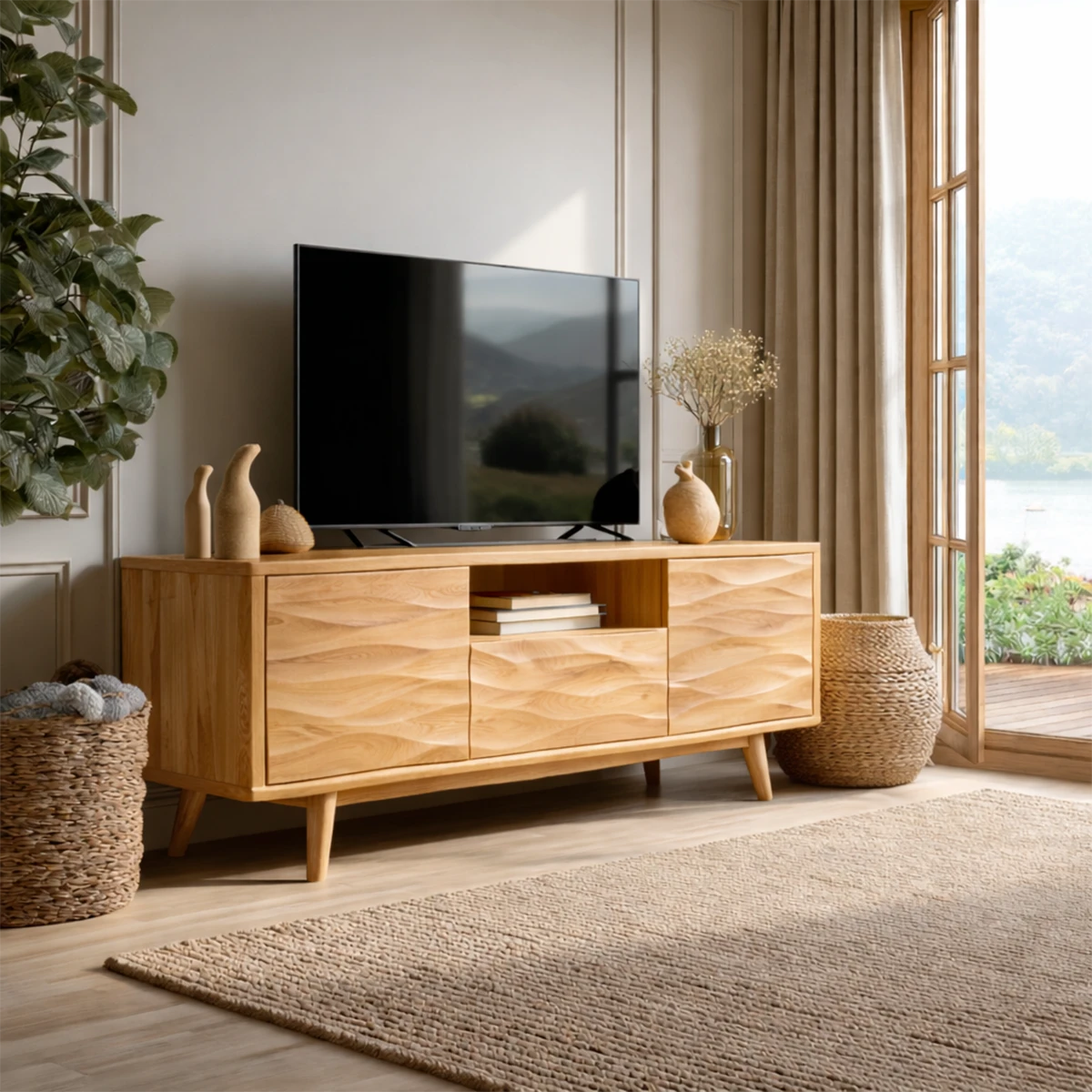 Stylish entertainment unit with natural wood appearance and built in storage cabinets