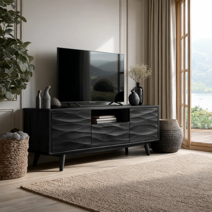 Modern media cabinet with smooth surface and natural wood tone for living room setup
