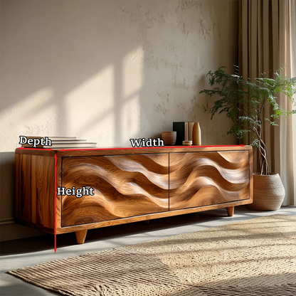 Contemporary TV cabinet with wave texture and natural wood style for cozy interiors