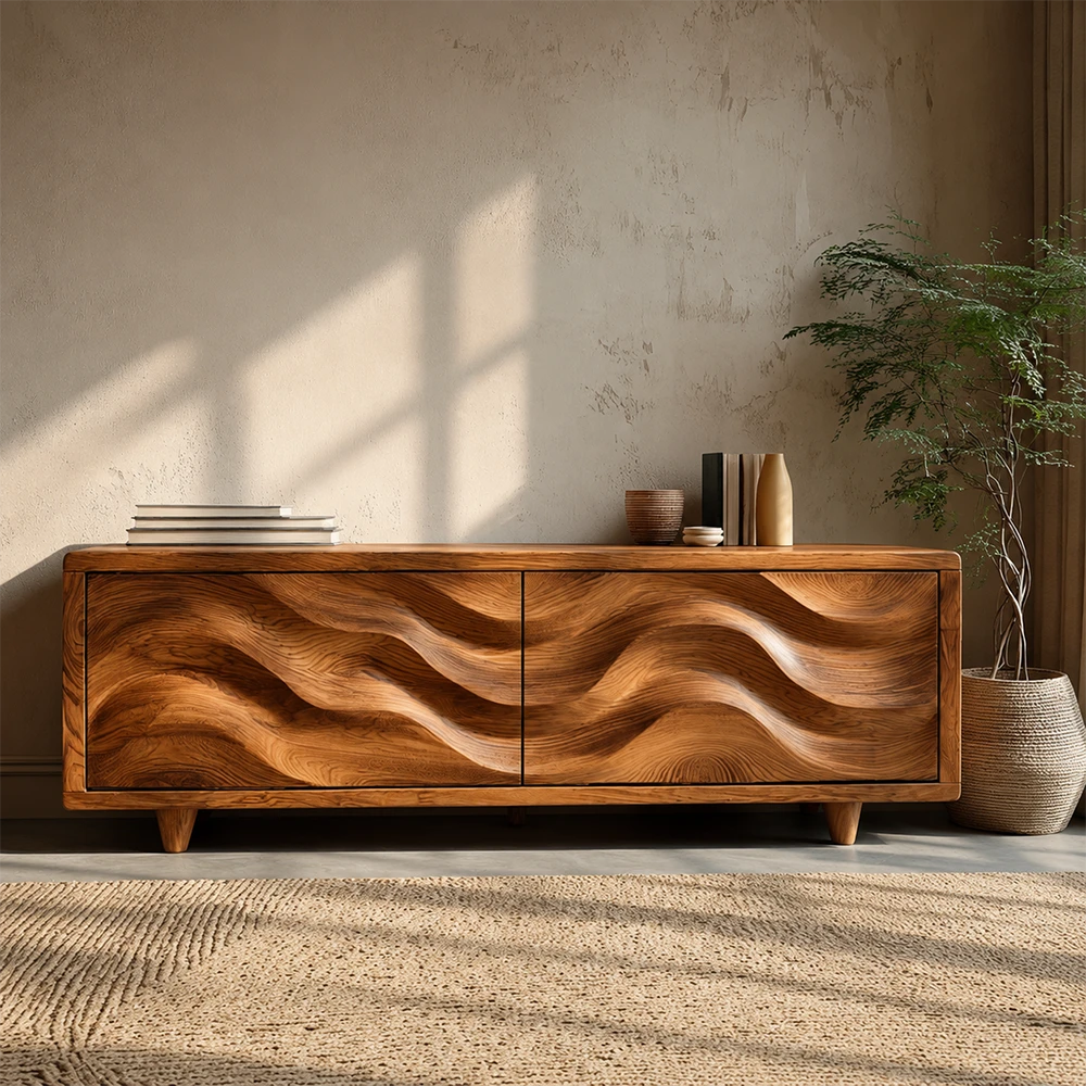 Wooden sideboard with wavy design in a room with a plant and decorative items.