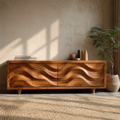 Wooden sideboard with wavy design in a room with a plant and decorative items.