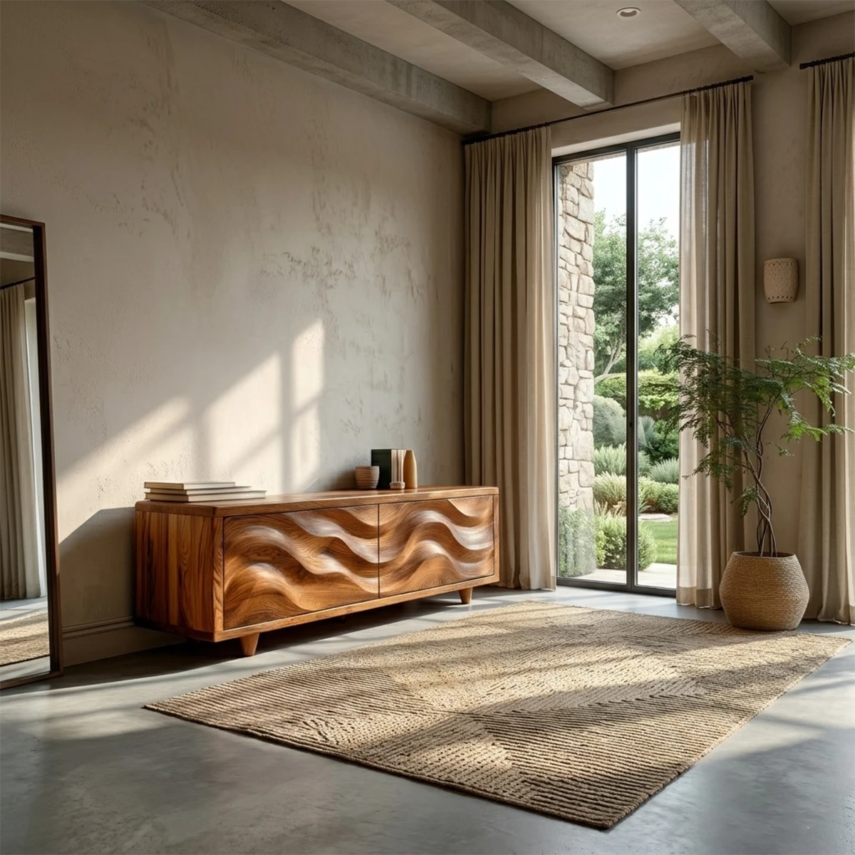 Contemporary media console with sculpted wood front and built in storage for interiors