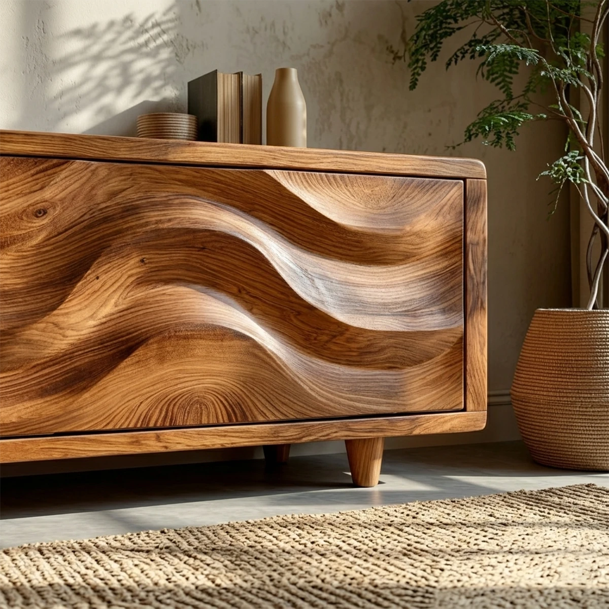 Minimalist TV stand with textured wave cabinet doors and natural wood look for homes