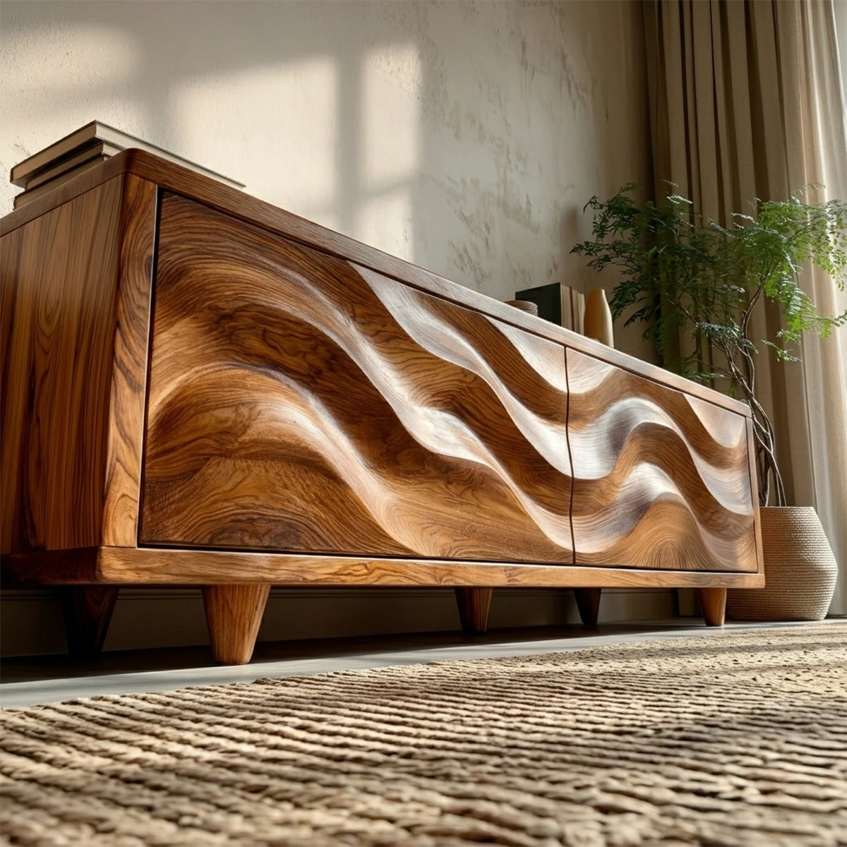 Artistic media cabinet with carved wave pattern and clean modern living room styling