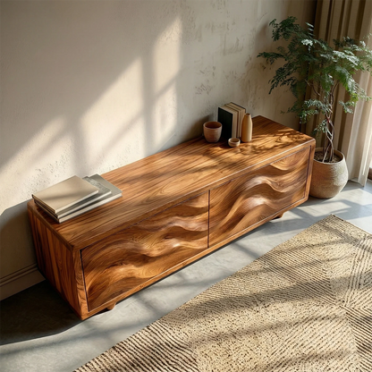 Low profile TV console with flowing wood texture and storage compartments for interiors