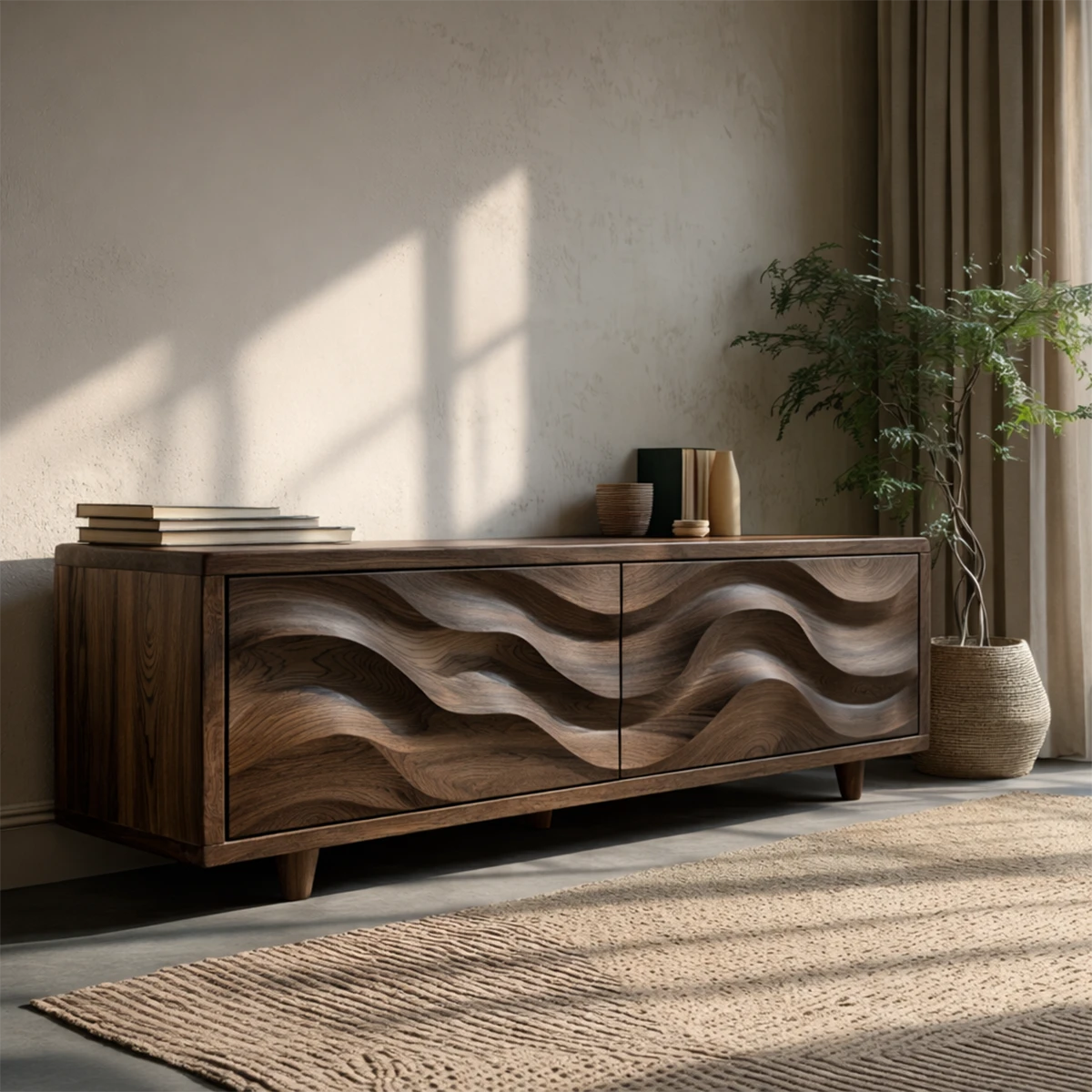 Wooden look TV stand with sculptural front panels and sleek modern design aesthetic