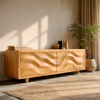 Stylish entertainment unit with wave inspired surface and functional storage space