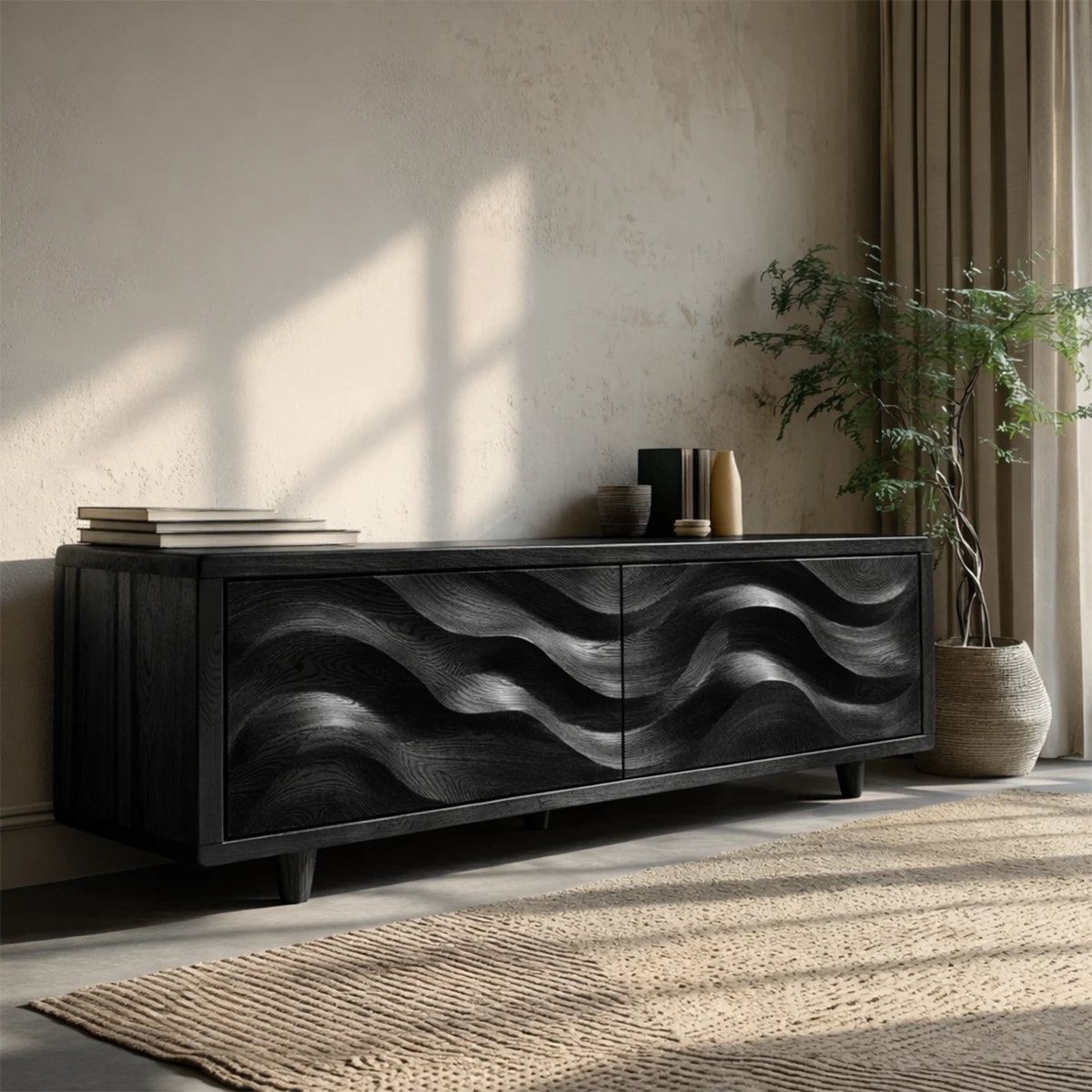 Modern media console with textured cabinet design and natural wood appearance