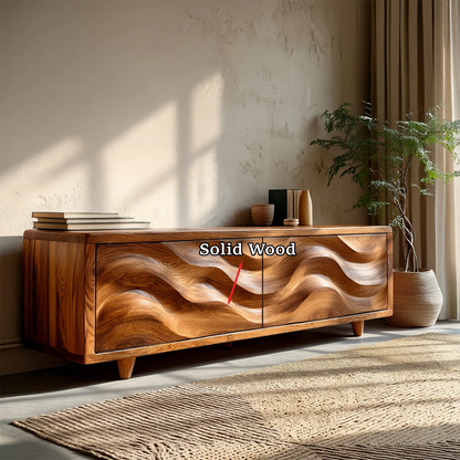 Functional TV stand with carved wood front and minimalist storage for living rooms