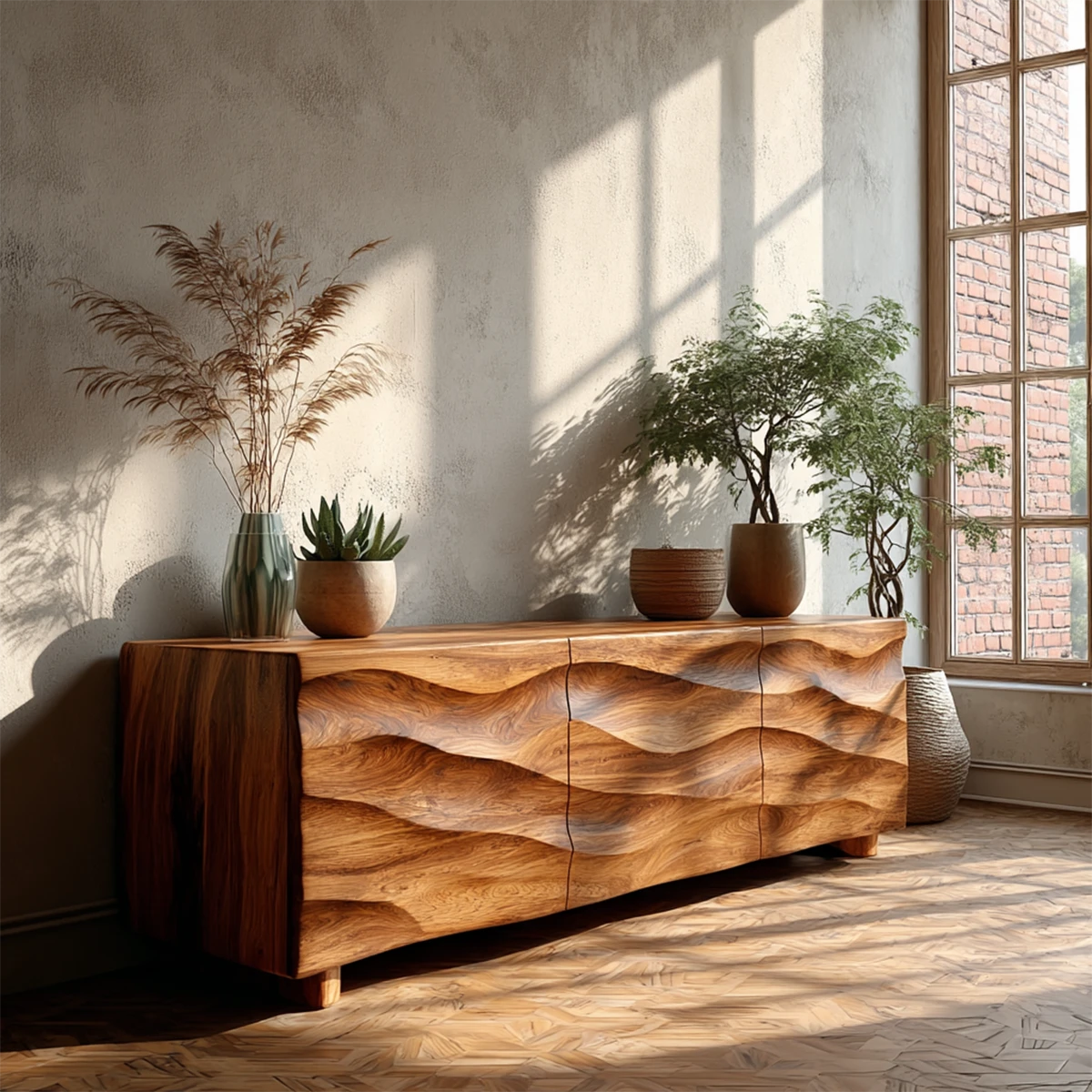 Modern TV stand with wave front design and natural wood finish in a bright living room