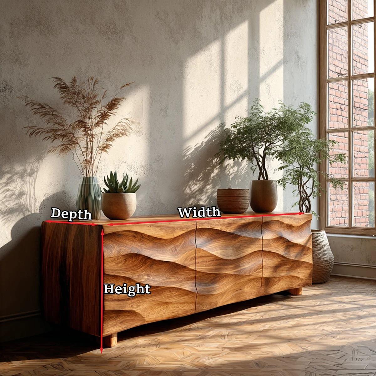 Functional media cabinet with sculpted wood front and modern minimalist living room décor