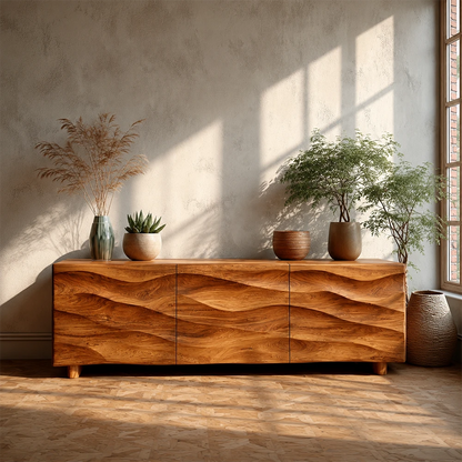 Wooden sideboard with wavy design in a room with plants and sunlight