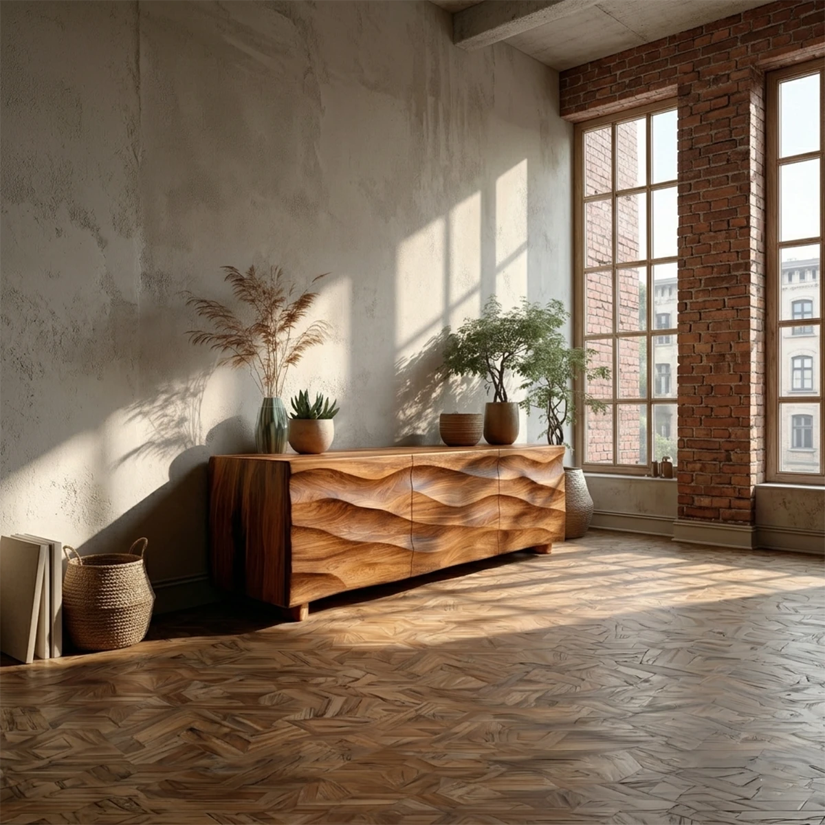 Sculpted media console with textured wood surface and storage cabinets for modern interiors