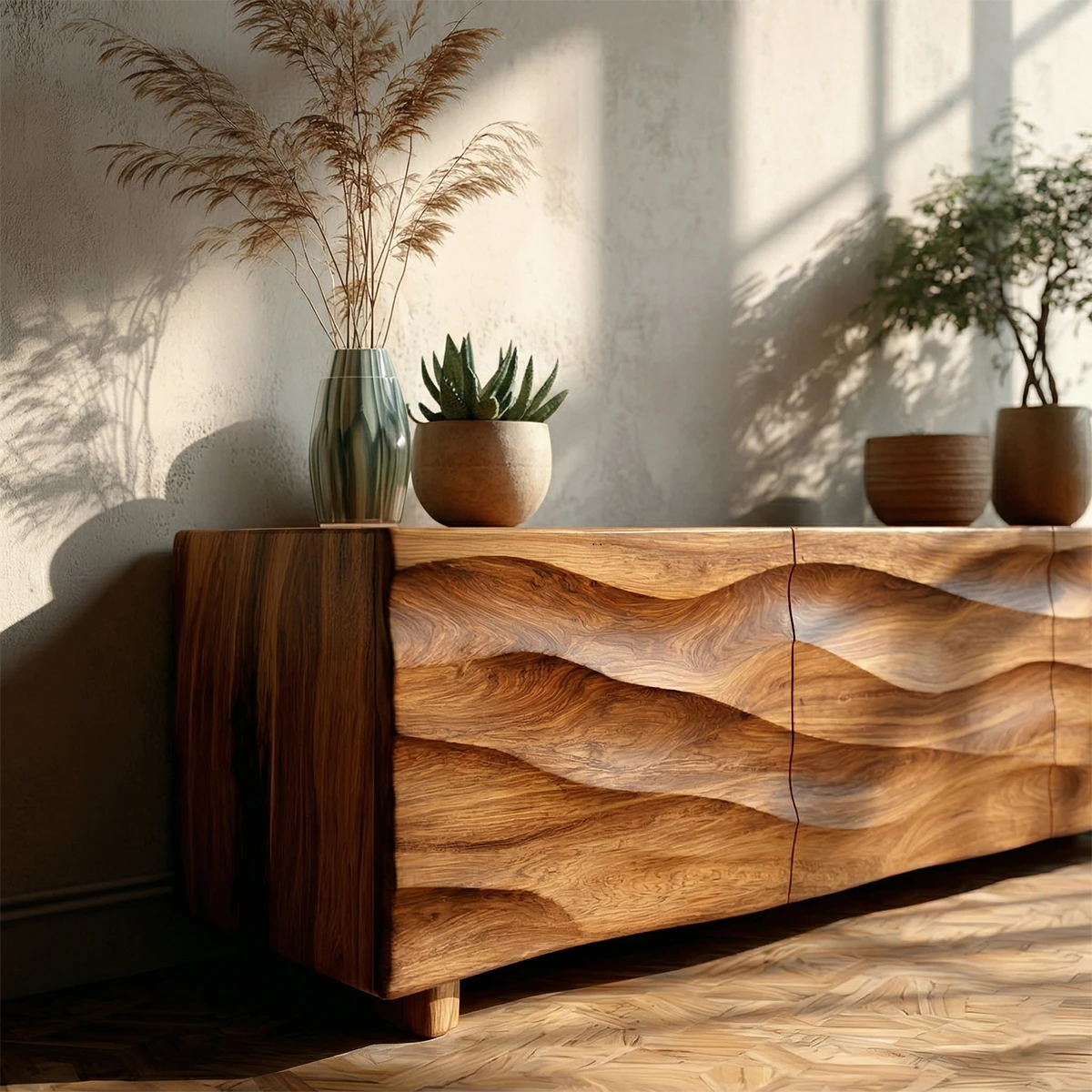 Contemporary TV stand with carved wave pattern and natural wood look for stylish homes