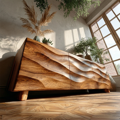 Minimalist media cabinet with artistic wood front and built in storage for living room setup