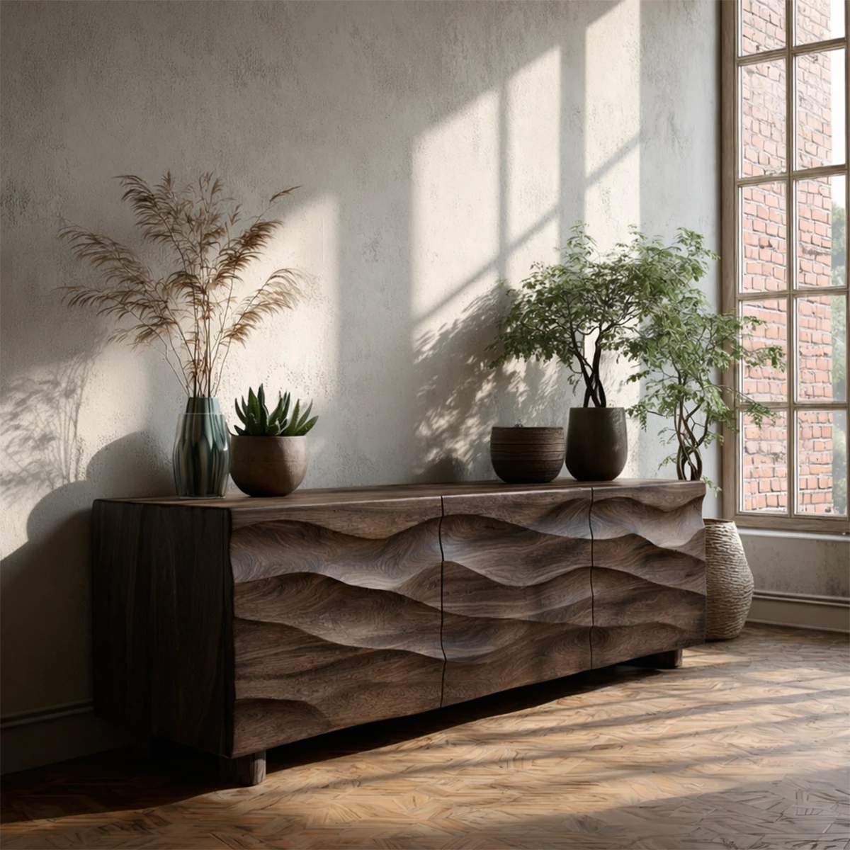 Low profile media console with wave texture and natural wood finish for cozy living rooms