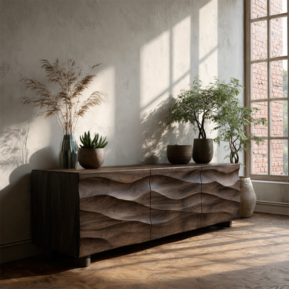 Low profile media console with wave texture and natural wood finish for cozy living rooms