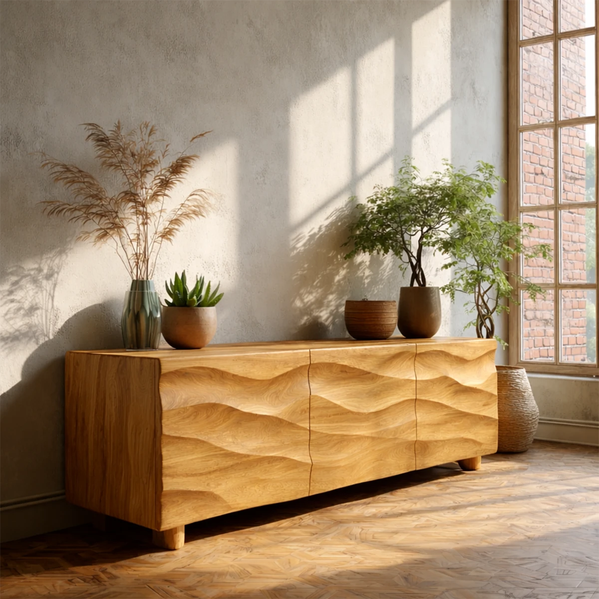 Stylish entertainment unit with carved front detail and functional storage compartments