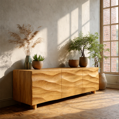 Stylish entertainment unit with carved front detail and functional storage compartments