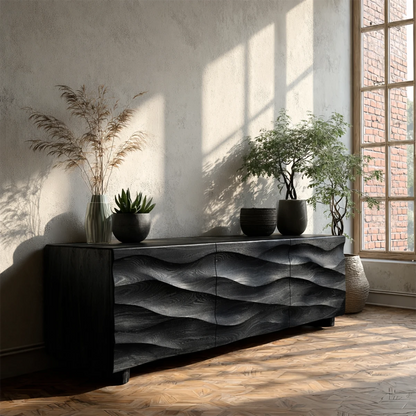 Modern TV console with textured cabinet doors and natural wood appearance for interiors
