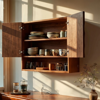 Minimalist wall mounted cabinet with textured wood doors and functional open shelf in kitchen space