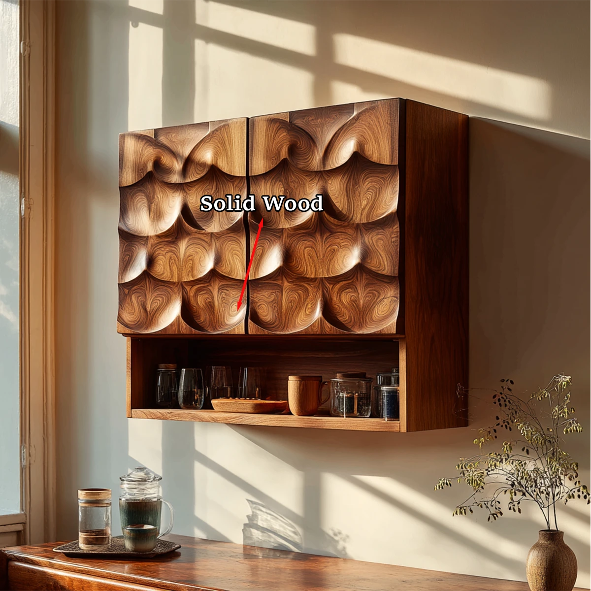 Functional kitchen wall cabinet with textured wood doors and display shelf in bright home space