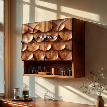 Functional kitchen wall cabinet with textured wood doors and display shelf in bright home space