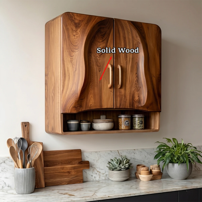Designer kitchen cabinet with curved wood panel doors and built in shelf for everyday organization