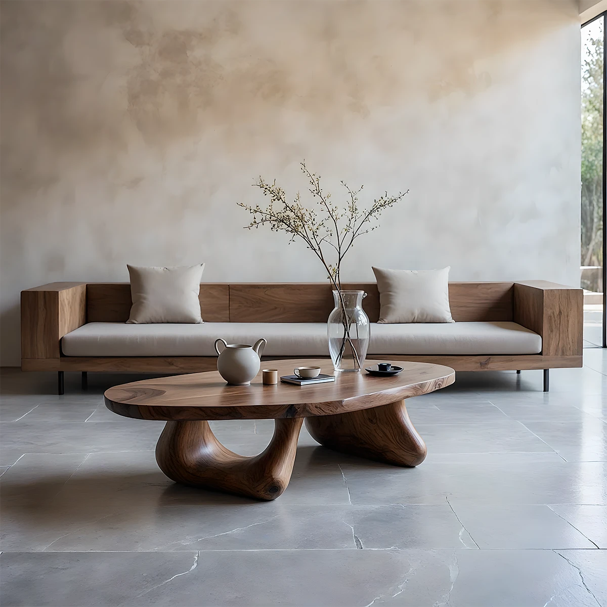 Walnut coffee table with organic curved base and smooth top surface in a modern minimalist living space