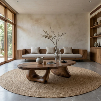 Walnut coffee table featuring sculptural base and natural flowing shape in a warm neutral interior