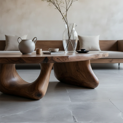 Modern walnut coffee table with curved base design and seamless wood grain in a bright living room