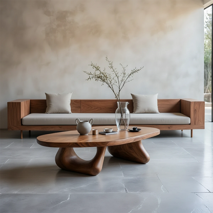 Brown coffee table with fluid sculptural legs and organic silhouette in a calm modern space