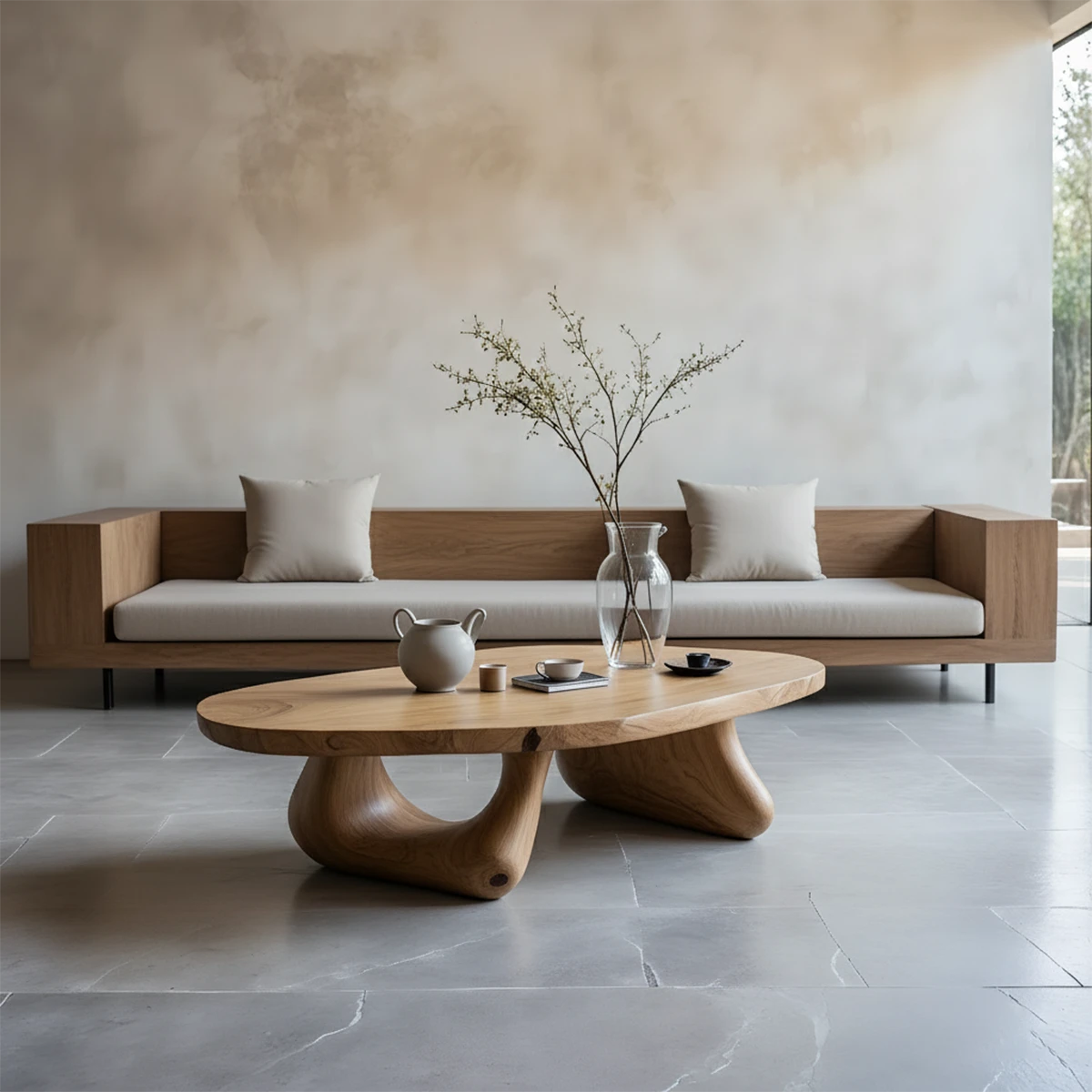 Oak coffee table with thick top and curved base design in a soft toned minimalist living room