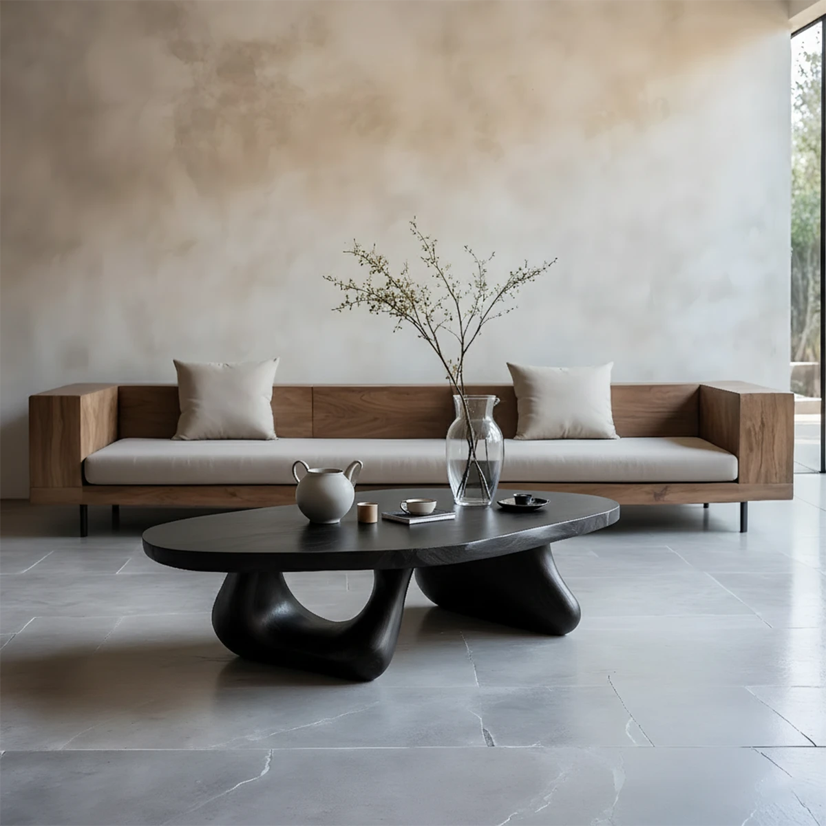 Black coffee table with natural grain detail and sculptural base in a refined modern interior