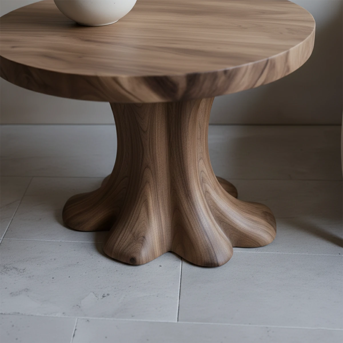 Compact walnut tone side table designed with curved structure and minimalist open storage