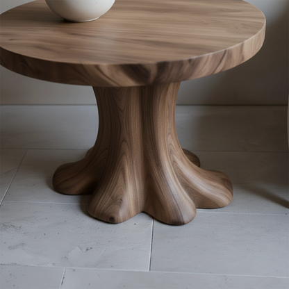 Compact walnut tone side table designed with curved structure and minimalist open storage