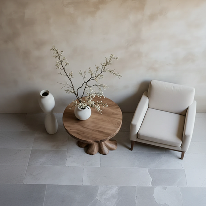 Contemporary accent table in walnut color finish with sculptural base and smooth rounded edges