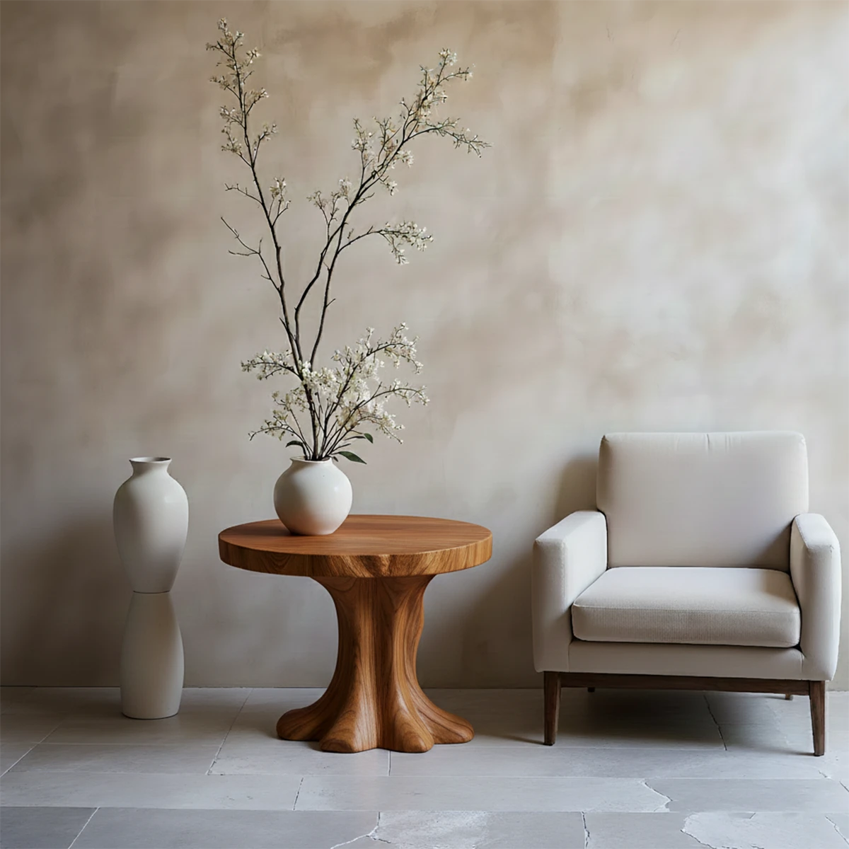 Elegant brown tone end table with artistic curved form and practical display surface