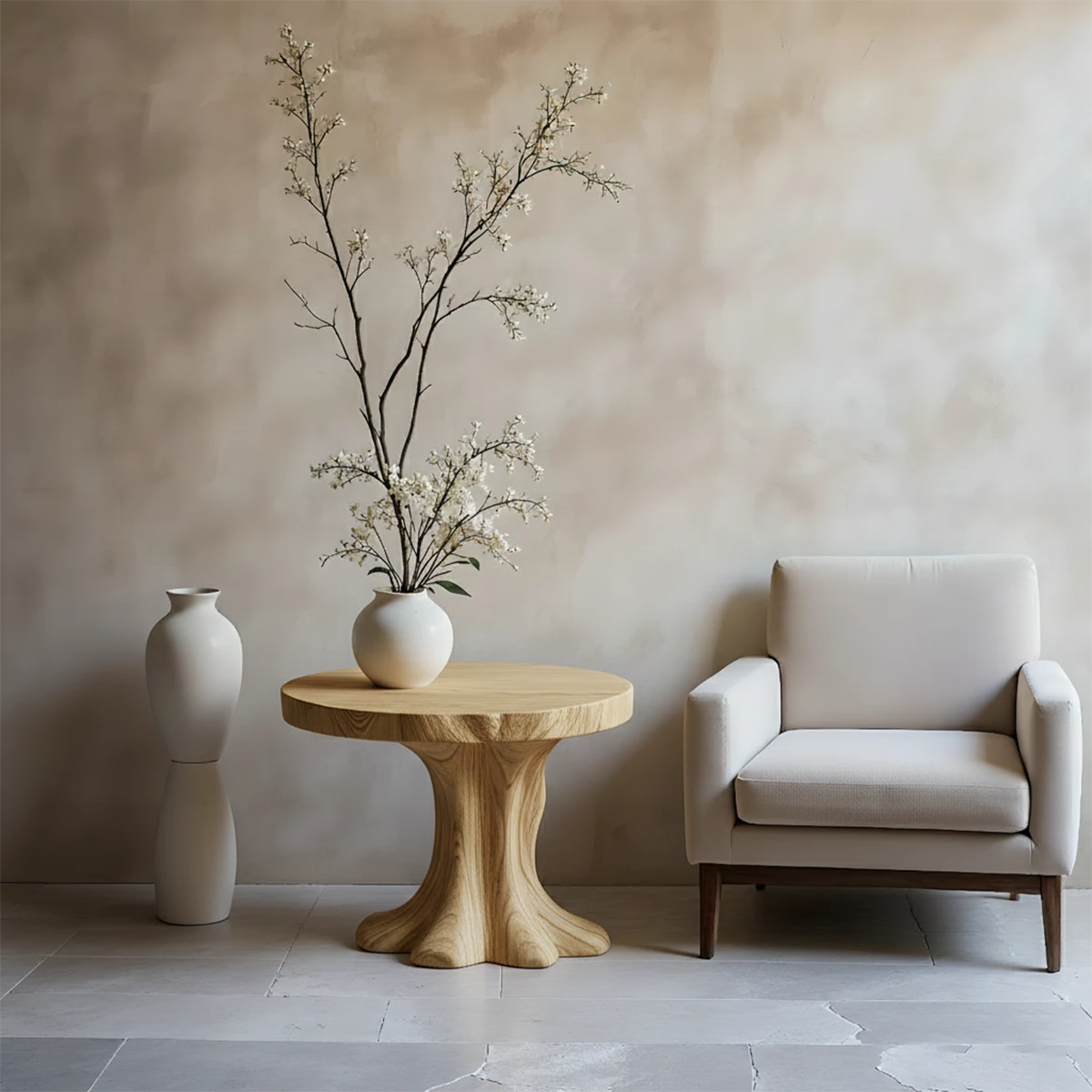 A space saving side table in oak color featuring open shelf and soft flowing silhouette