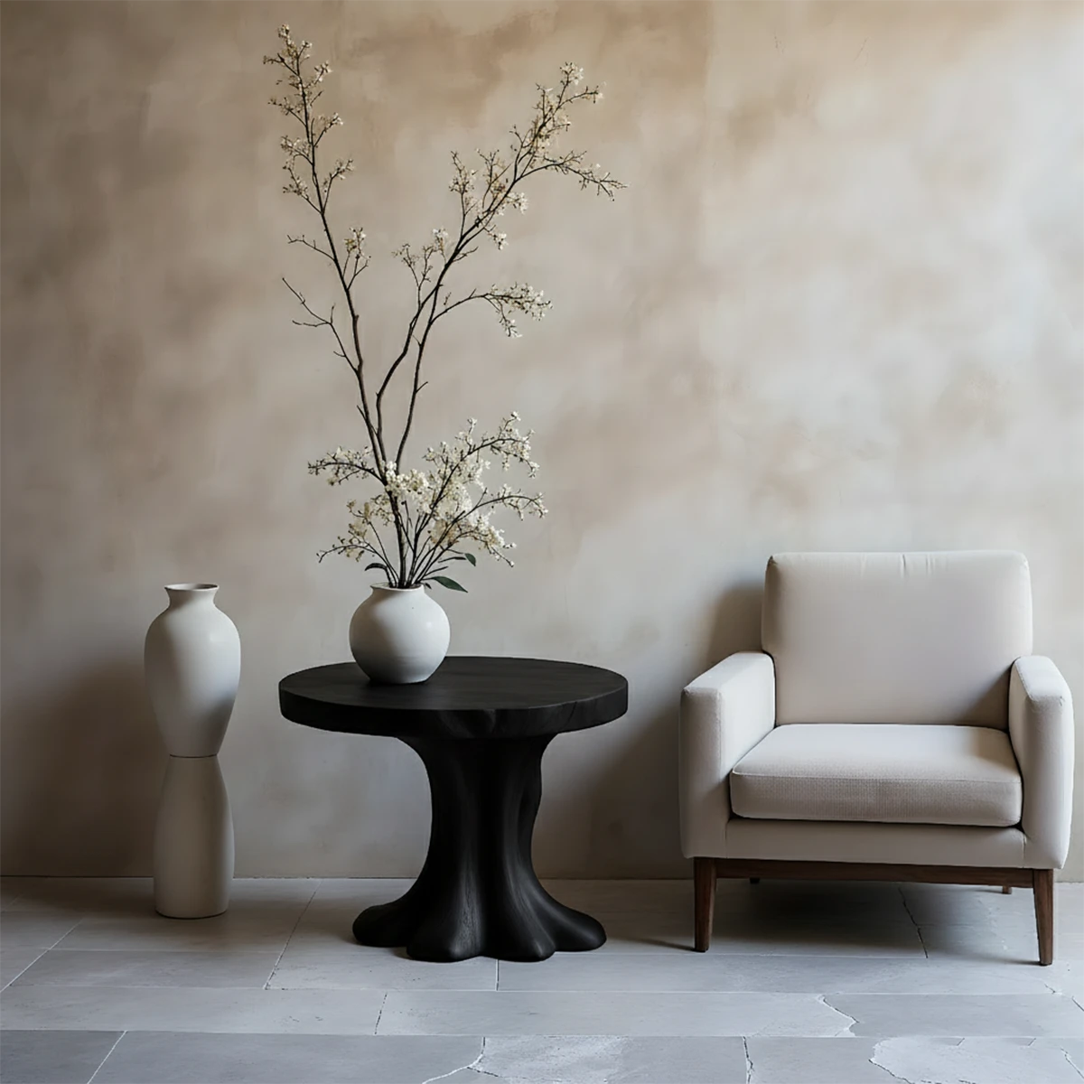 Minimal black tone accent table with curved base and clean design for modern interiors
