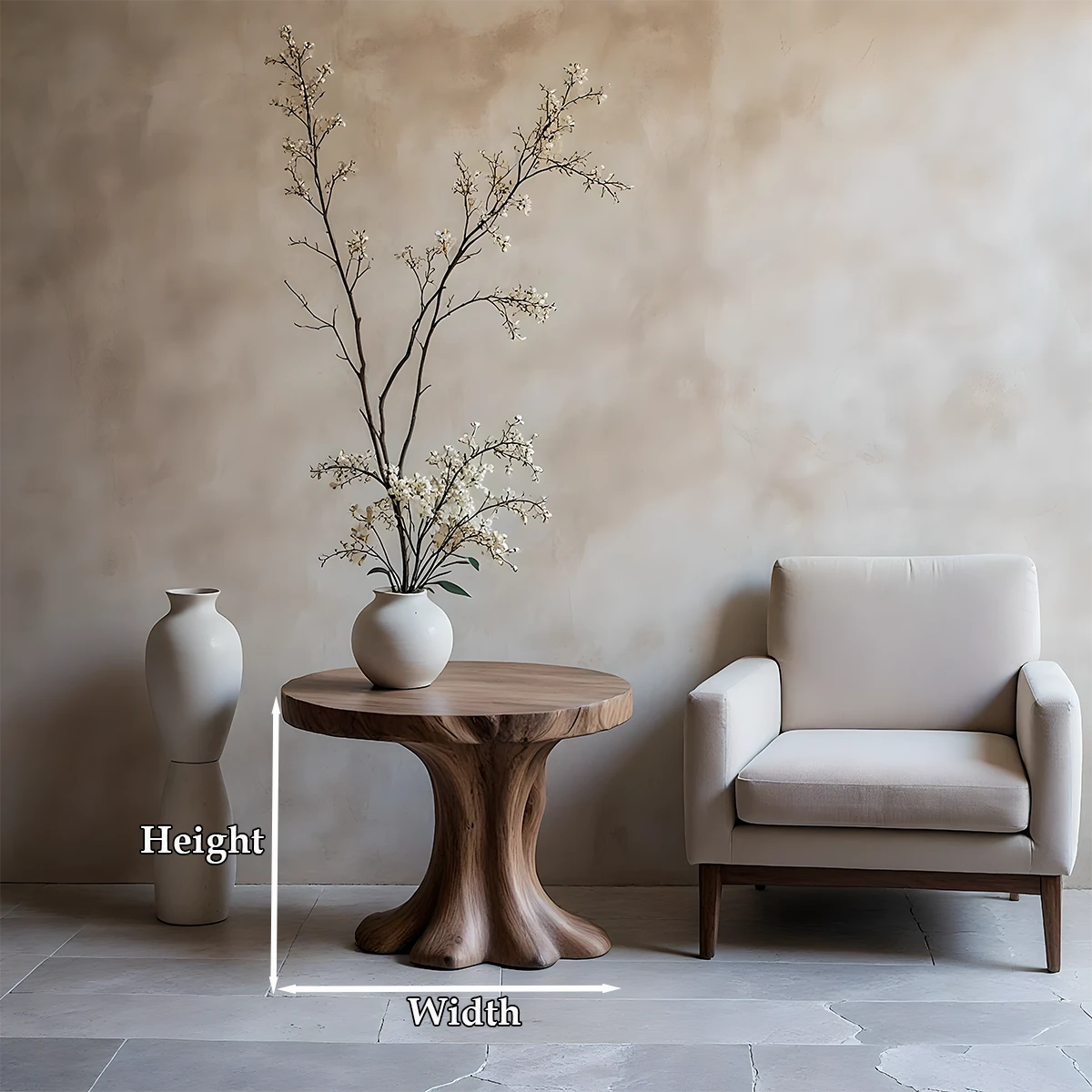 Decorative end table in walnut color finish with organic shape and compact structure