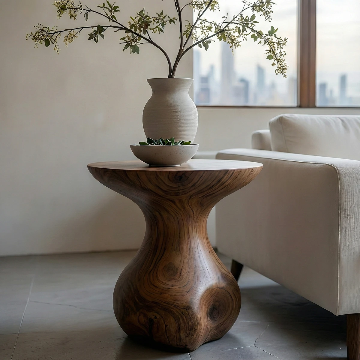 This walnut color accent table showcases a rounded silhouette and practical display space