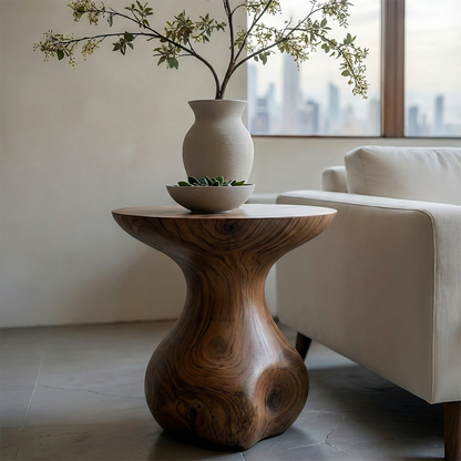 This walnut color accent table showcases a rounded silhouette and practical display space